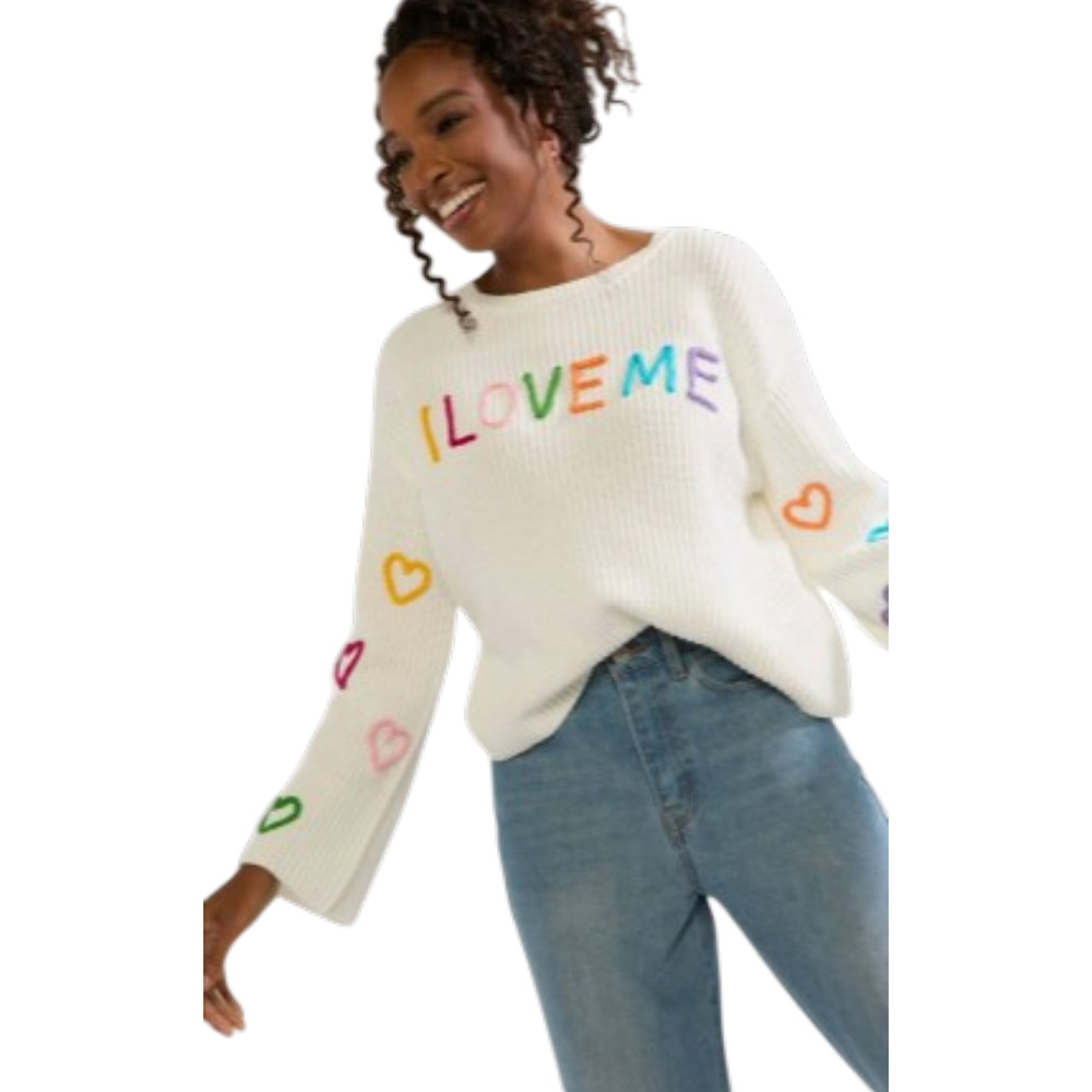 Francesca’s I Love Me Sweater Small 4-8 White Hearts Graphic 3D Stitch Pullover